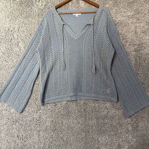 Frye and Co Women’s Sweater Blue V Neck Knit Size Large Flare Sleeve Oversized